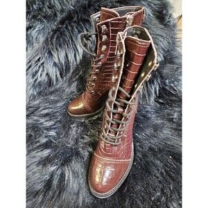 Steve Madden Maroon Winnie Harlow Boots Tall Heel Tie Laces Faux Animal